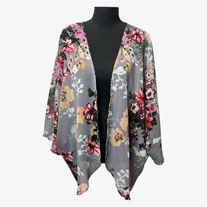 Vintage Sheer Floral Print Open Front Kimono Duster Swim Cover-Up Resortwear